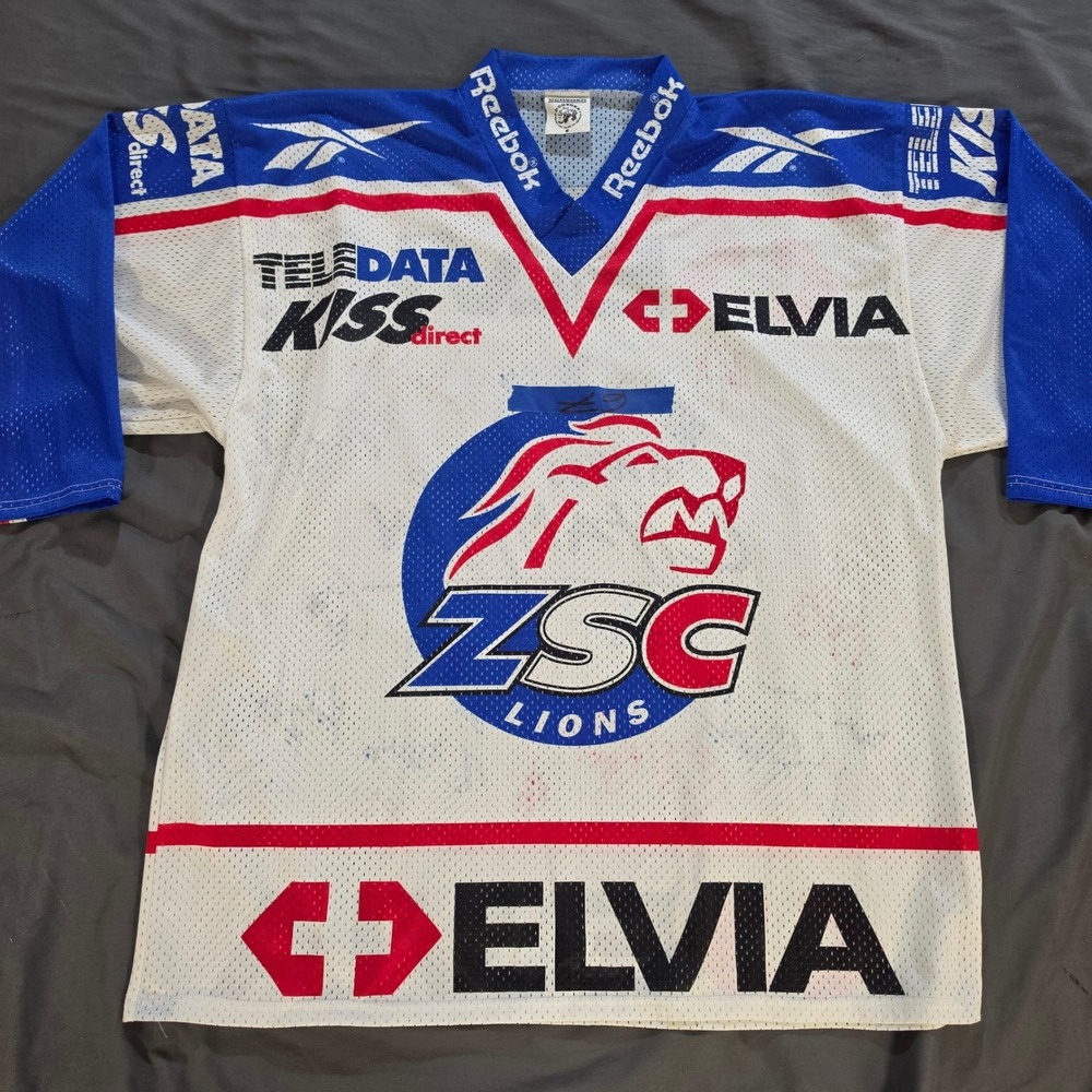 Reebok ZSC Lions Zurich Swiss 2000 Champion Signed Hockey Jersey Mens Medium